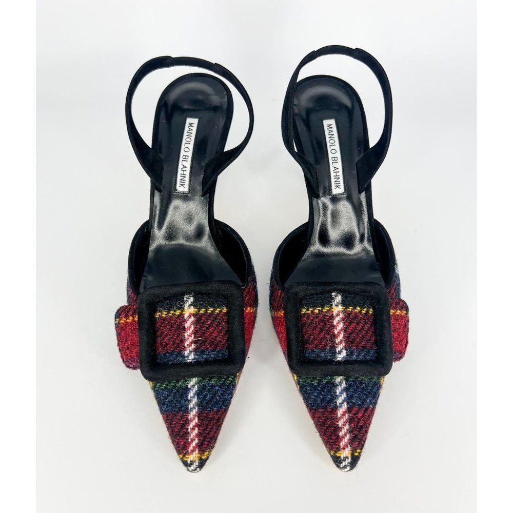 MANOLO BLAHNIK Maysale Red & Green Plaid Slingback Stiletto Sandals Size… - Picture 5 of 12